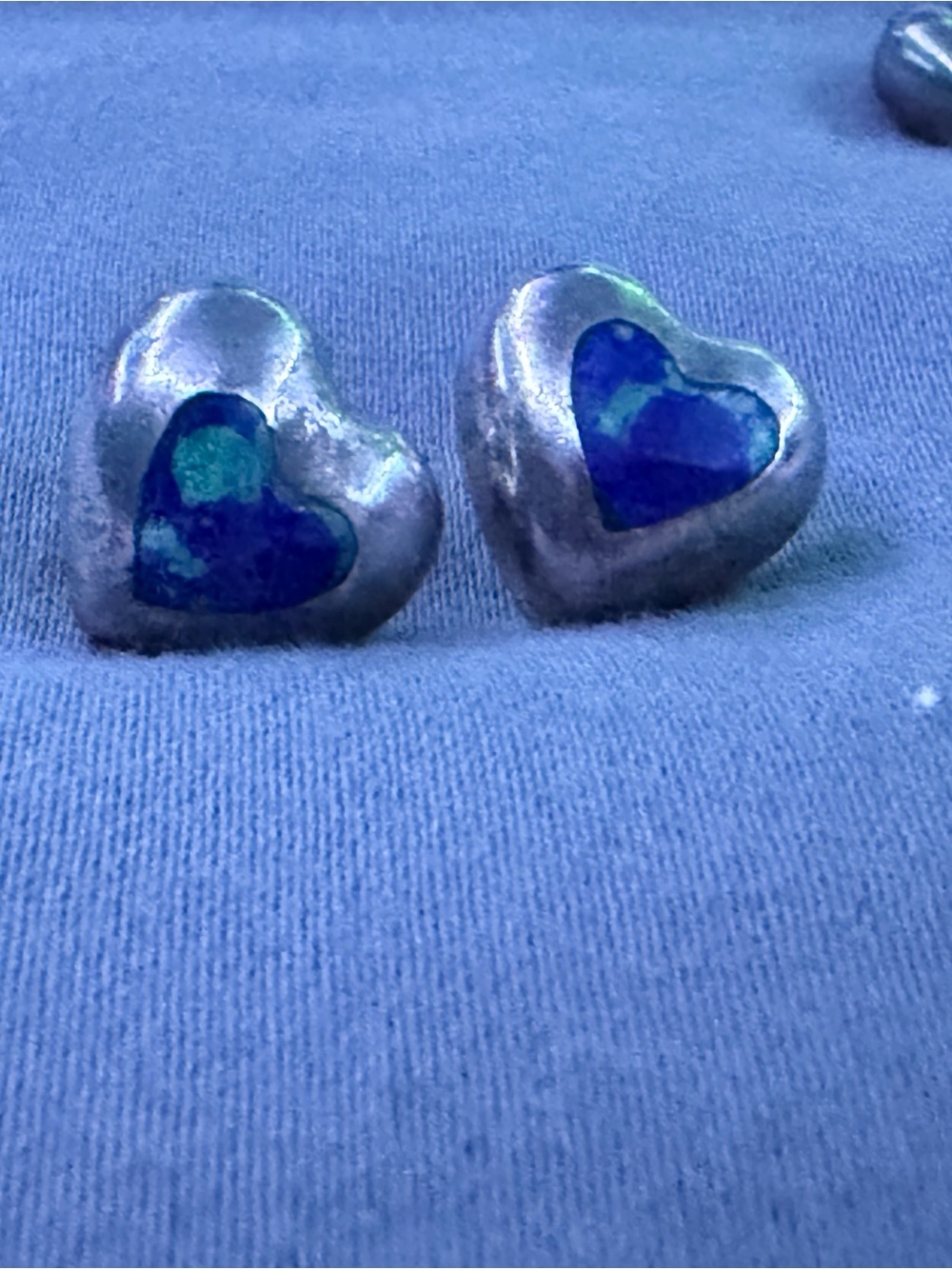 Vintage Mexico 925 Sterling Silver Puffy Heart Azurite Malachite Inlay Earrings